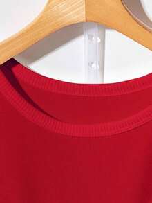 Camiseta casual de verano de unicolor para mujer, versátil, con decoración de botones - Rojo 2 - Ver 3