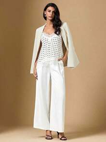 2026 Nuevo Llegado Verano Elegante Blusa de Satén a Lunares para Mujer con Tirantes de Encaje Contrastante y Bajo Asimétrico de Longitud Regular/Blusa Asimétrica de Verano, Blusa de Salida de Verano para Mujer, Vacaciones de Primavera, Blusa Eleg - Blanco 2 - Ver 3