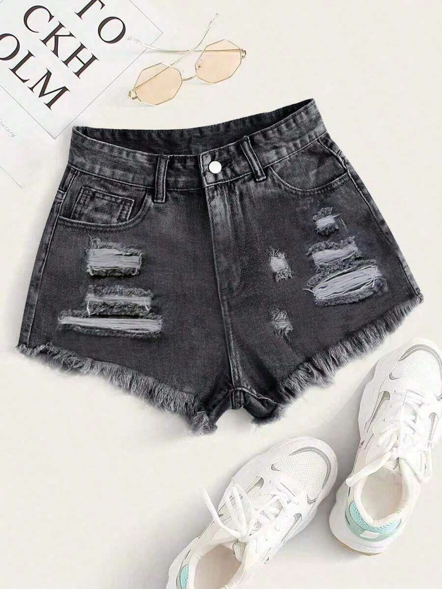 Shorts mezclilla rotos bajo crudo - Blanco y Negro - Ver 1