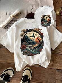 Women's Vintage T-Shirt With Japanese Cherry Blossom And Sunset Print - Casual Short Sleeve Round Neck Top, Loose Fit Artistic Spring Summer Clothing, Durable And Comfortable Casual Wear - 白色 - 查看 6