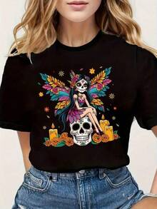 1 Piece 180g Unisex Loose Crewneck Short-Sleeve T-Shirt Mujer Casual Camiseta con Estampado Calavera Hada Colorida Diseño Fantasía Arte Moderno Tejido Suave Color Sólido Corte Holgado Cuello Redondo Manga Corta Primavera Verano Diario Playera - Negro - Ver 6