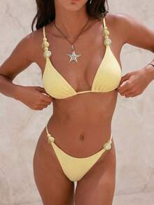 Bikini triangular sexy con cuello halter y lazo para mujer, traje de baño de dos piezas para vacaciones en la playa. - Amarillo - Ver 1