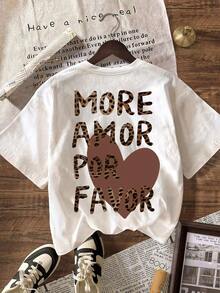 Camiseta gráfica de manga corta, cuello redondo, casual para mujer, con estampado de leopardo y texto "talla grande amor por favor" en forma de corazón marrón, para vacaciones de verano - Blanco - Ver 3
