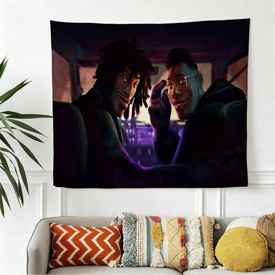1 tapiz artístico de S pider-Verse Miles Morales y Hobie Brown - Decoración de pared de la Hermandad de Superhéroes para sala de estar, dormitorio o residencia estudiantil - Fondo genial para fiestas de cumpleaños de fanáticos de las películas, decoración para el hogar y la oficina, regalo para hombres y niños - Mural de pared estilo cyberpunk - Multicolor-a - Ver 1