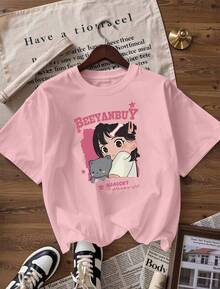 Stylish And Kawaii Short-Sleeve T-Shirt, A  Short-Sleeve T-Shirt For Spring And Summer 2026, Made In Mexico, 180 Grams. Cartoon Print, Couple Design, Suitable For Indoor Or Outdoor Wear. Crew Neck, Unisex, Ideal For The Office And Leisure. One-Pack. - PK-P631577SLNDXZGY569 - 查看 4