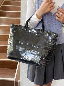 Letter Print Large Capacity PVC Transparent Tote Bag, Fashion Beach Vacation Handbag For Women - Black - View 4