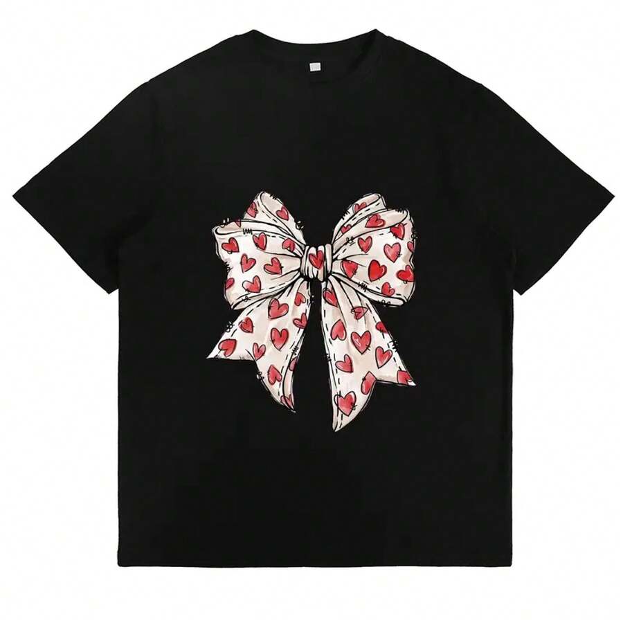 Camiseta con estampado de corazón y lazo, linda camiseta con temática de San Valentín, ropa casual para uso diario, regalo para adolescentes, camiseta gráfica moderna Y2K para mujeres, ropa elegante con temática de amor, camiseta romántica de San Valentín. - Negro - Ver 1