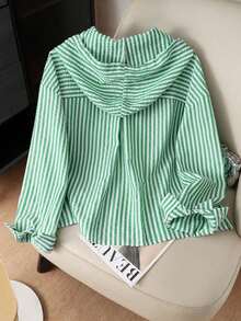 Camisa con capucha de protección solar de corte holgado a rayas azules de talla grande - Verde Oliva - Ver 2