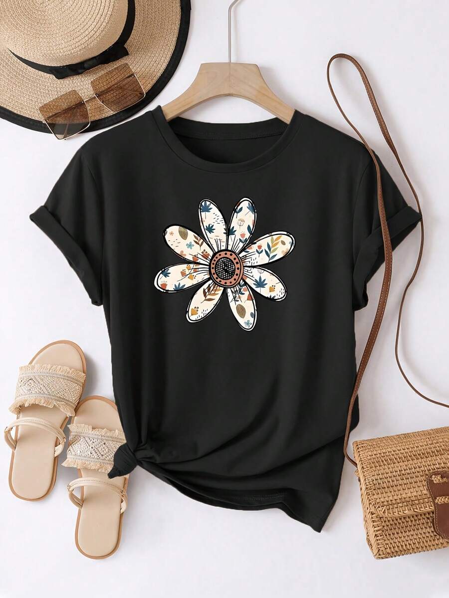 Vintage Floral Print Short Sleeve T-Shirt, Casual Round Neck Top For Women, Suitable For Daily Wear In Spring/Summer, Women's Clothing. - 黑色 - 查看 1