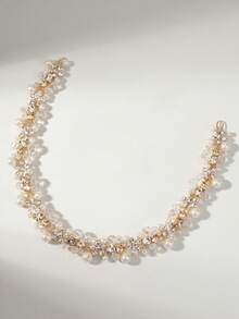 1 pieza Tocado nupcial de perlas y cristales dorados, corona de boda elegante con strass, accesorio para el cabello de boda con strass brillante - Dorado - Ver 6