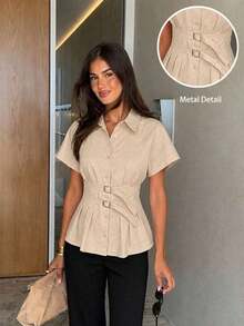 Camisa casual de mujer de unicolor con diseño de manga de murciélago y hebilla en la cintura - Albaricoque - Ver 7