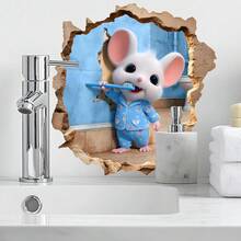 1pc Funny 3D Hole In The Wall Mouse Bathroom Wall Sticker, Cute Pajama Mouse Brushing Teeth Wall Decal - View 4