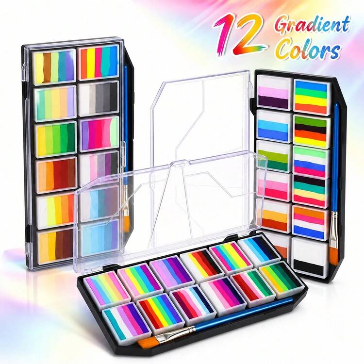 Paleta de maquillaje de 12 rejillas con degradado de arcoíris, pintura facial y corporal hidrosoluble, fácil de aplicar y limpiar, adecuada para escenario, cosplay, fiesta de Halloween - Conjuntos - Añade 8