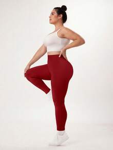 NcmRyu 1pc Women Plus Size Solid Color Ruched Waist Slim Fit Sports Pants - Red - View 10