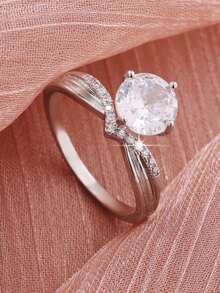 1 chiếc nhẫn tròn đính đá Cubic Zirconia lấp lánh, kiểu dáng cổ điển thanh lịch, thích hợp làm quà tặng đính hôn/cưới, kỷ niệm, Valentine, nhẫn cưới cao cấp, phong cách quyến rũ. - Bạc - Xem 1
