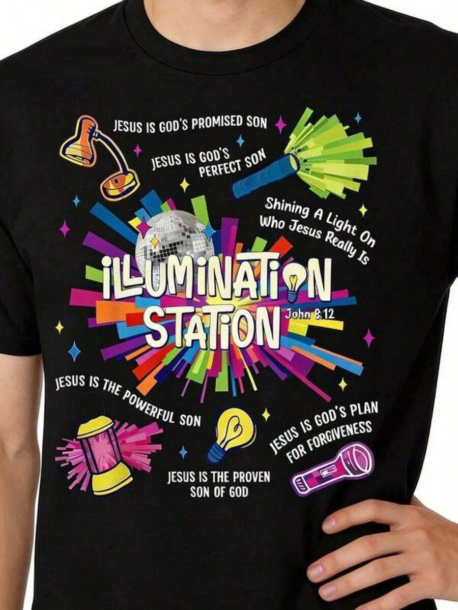 Illumination Station VBS 2026 Bible School Christian Lights Camiseta de Algodón para Mujer, Ropa de Verano - Negro - Ver 1