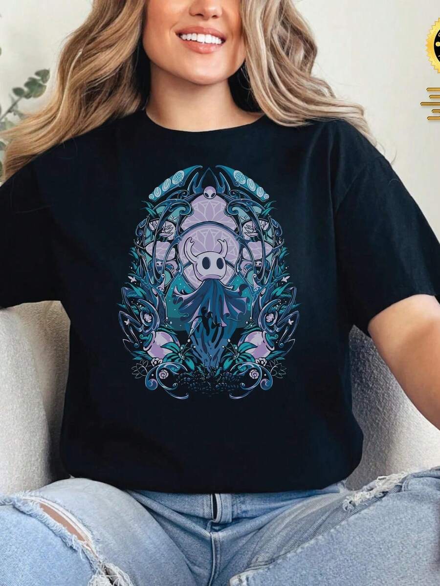 Camiseta Pure Vessel, Merchandising de Hollow Knight Lore, Camiseta gráfica Void Heart, Ropa para gamers de fantasía oscura, Regalo para gamers, Leyenda de Hallownest. Camiseta unisex de algodón puro de 220 g, peso ideal para todas las estaciones, apta tanto para hombres como para mujeres. Tejido duradero de alta calidad, suave al tacto y de larga duración. Prenda transpirable, adecuada para el uso de otoño y vacaciones de las mujeres. - Negro - Ver 1