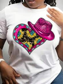 Camiseta de talla grande para mujer con estampado de vaquero del oeste - con estampado de leopardo en forma de corazón y diseño de sombrero de vaquero con girasoles, camiseta casual de manga corta y cuello redondo en rosa y negro, adecuada para festivales de primavera y verano, fiestas y uso diario, camiseta estampada ligera y transpirable, ideal para festivales de música. - Blanco - Ver 1