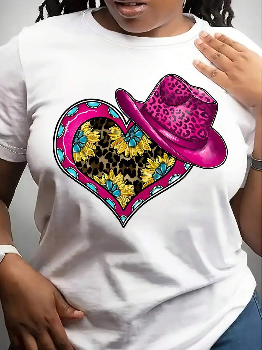 Camiseta de talla grande para mujer con estampado de vaquero del oeste - con estampado de leopardo en forma de corazón y diseño de sombrero de vaquero con girasoles, camiseta casual de manga corta y cuello redondo en rosa y negro, adecuada para festivales de primavera y verano, fiestas y uso diario, camiseta estampada ligera y transpirable, ideal para festivales de música. - Blanco - Ver 1