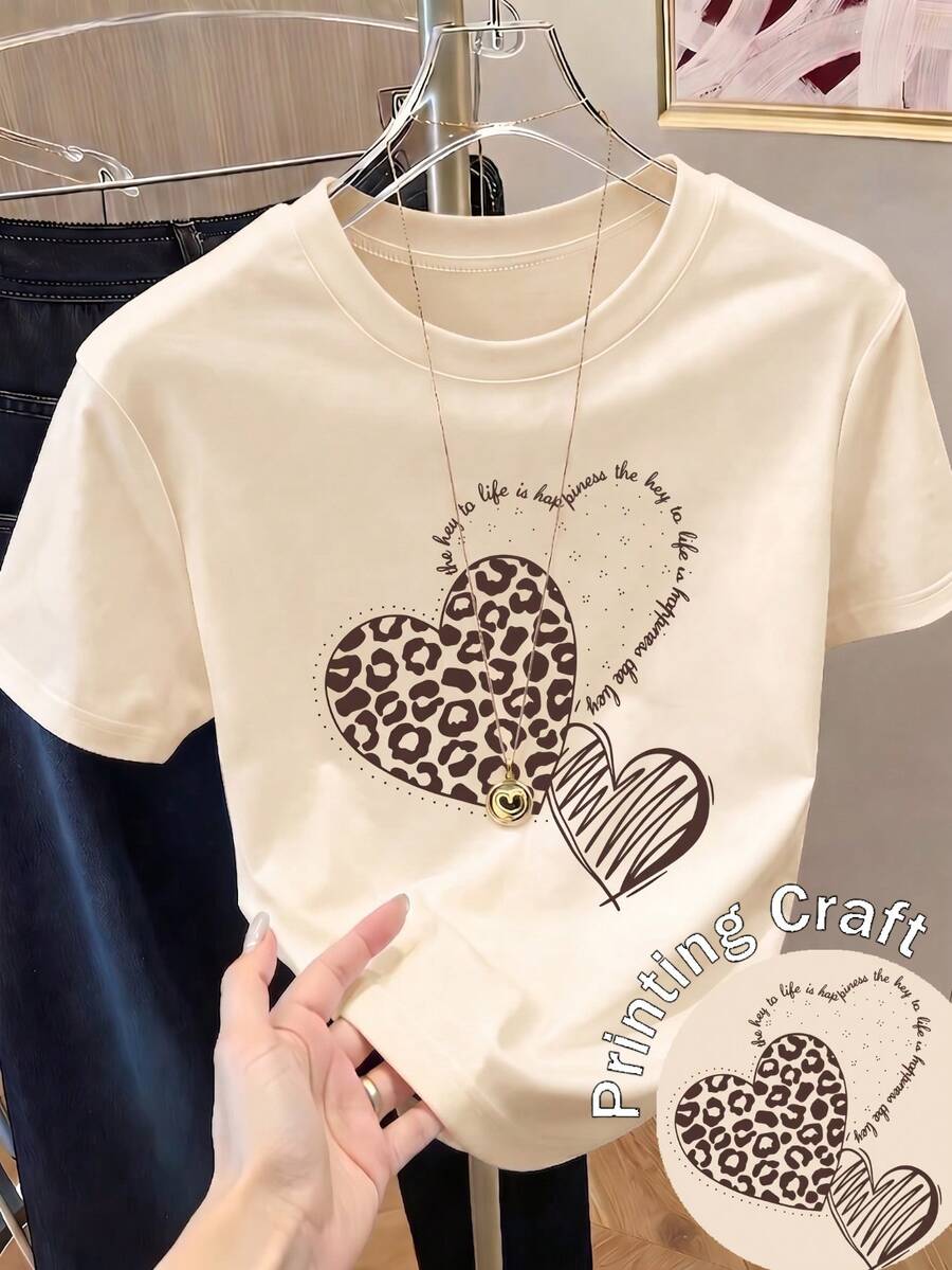 Women's heart-shaped printed short-sleeved shirts, spring wear, holiday wear, summer white, seaside vacation style, country style, women's office wear. - Albaricoque - Ver 1