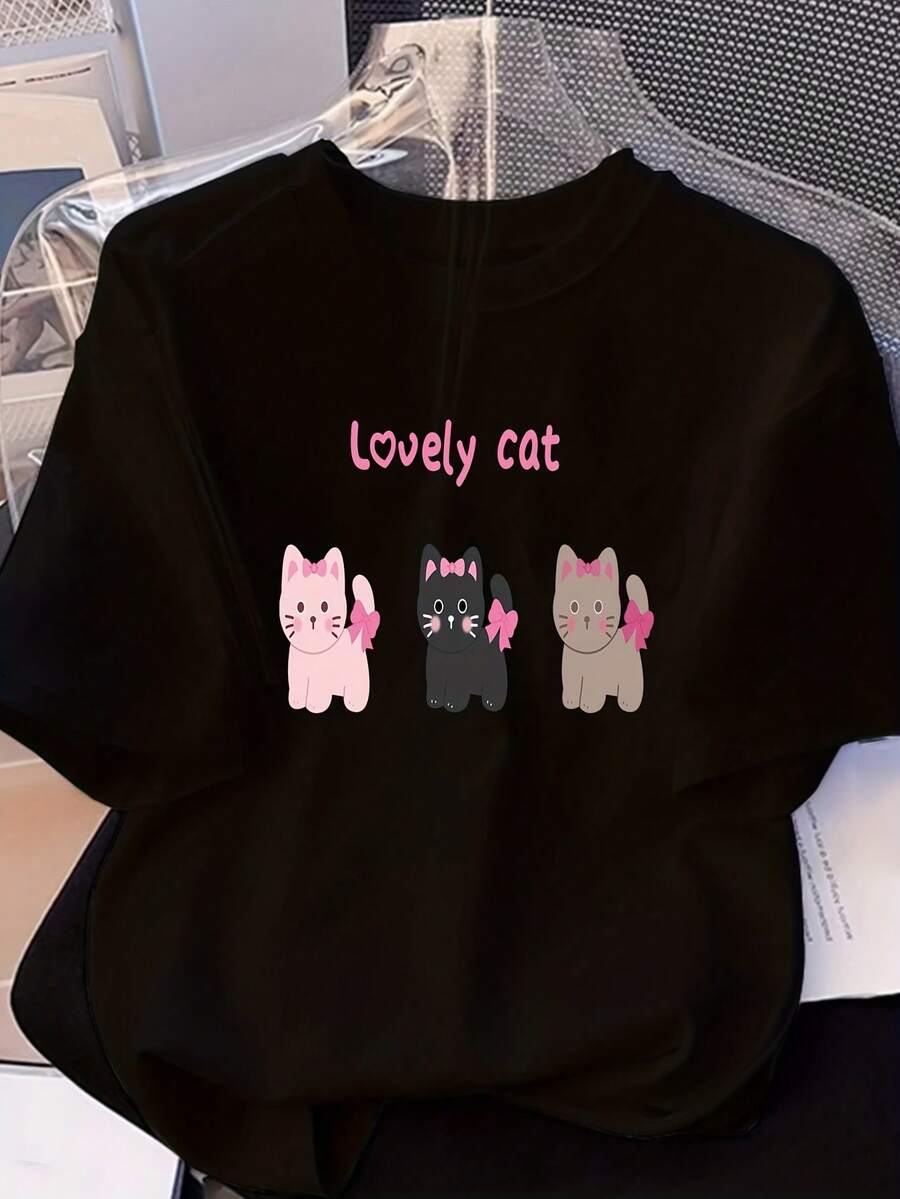 Women's T-Shirt 100% Cotton, Vintage Summer T-Shirts For Women, Women's T-Shirt 2026, New, Casual, Cute, Loose, Cotton, Round Neck, Short Sleeve, With Kitten Print In Three Colors. - 黑色 - 查看 1