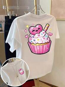 Camiseta de manga corta de talla grande para mujer - Camiseta básica casual de corte holgado, elegantes tops de poliéster, camiseta de manga corta con estampado frontal y trasero - Estampado de moda con diseño de cupcake y corazón rosa - Camiseta estampada de primavera/verano para mujer, artículo de moda transpirable y cómodo. - Blanco - Ver 12
