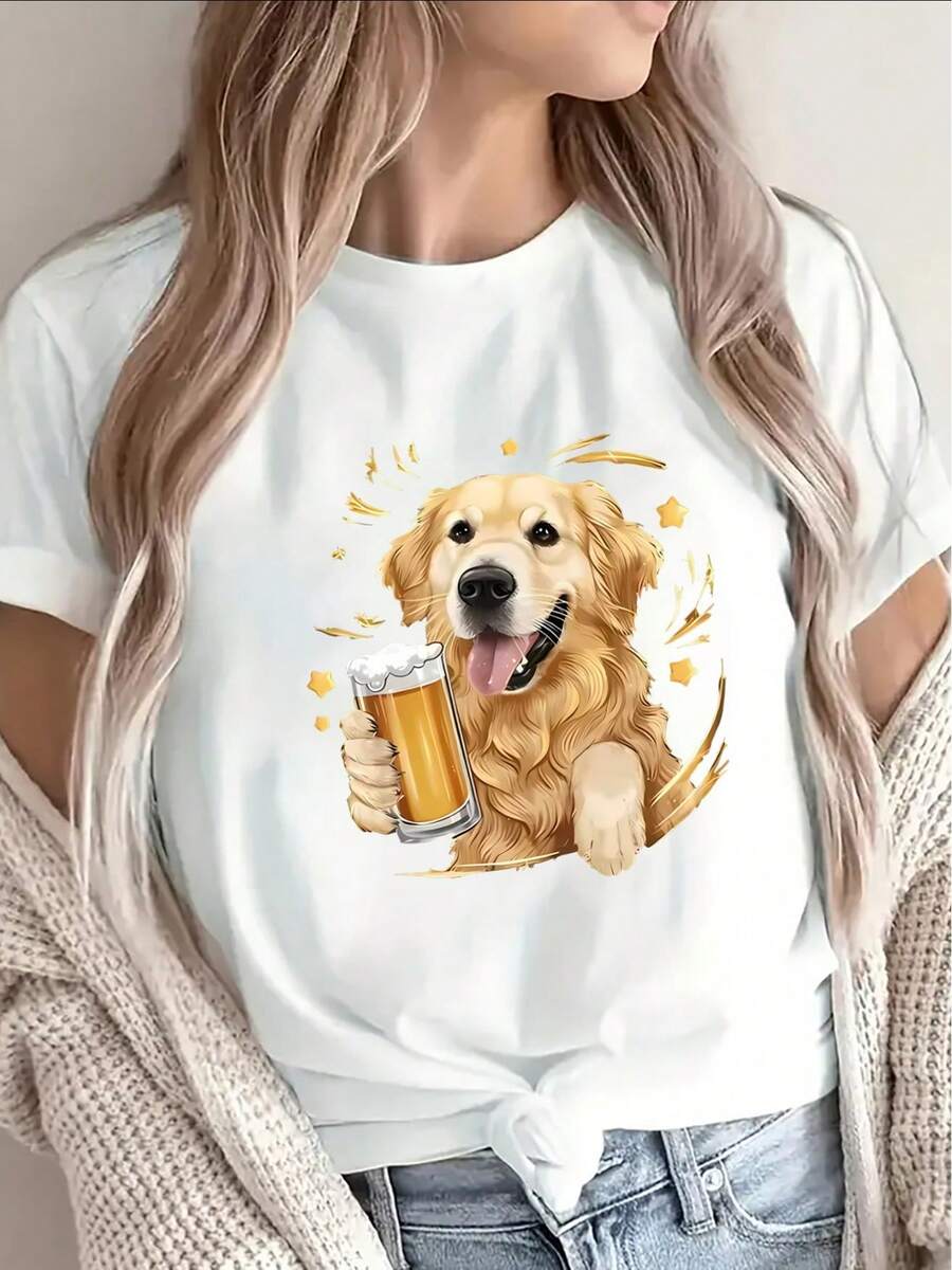 Camiseta de manga corta de poliéster, con un Golden Retriever sosteniendo una cerveza, adecuada para uso casual en el hogar y en restaurantes, ligera y duradera, una opción ideal para amantes de los perros y salidas divertidas. - Blanco - Ver 1