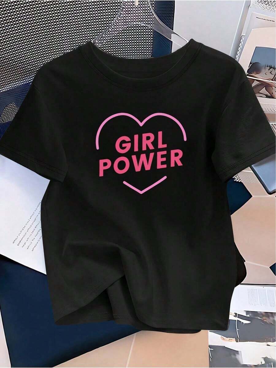Camiseta Vintage para Mujer con Estampado Gráfico de Corazón Rosa y 'POWER' - Top Casual de Manga Corta con Cuello Redondo Suave, Lavable a Máquina para Uso Diario y Vacaciones, Ropa con Lema Empoderador para Mujeres, Camiseta de Moda para Todas las Temporadas. - Negro - Ver 1