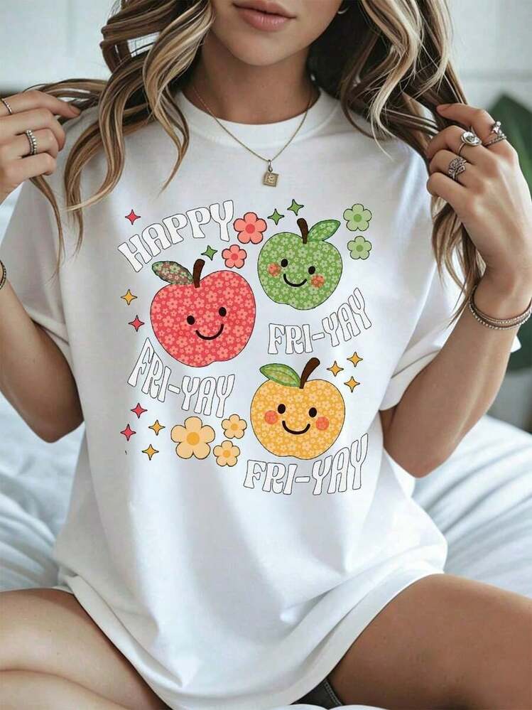 Elegant And Casual Women's Short Sleeve Cute Apple Print T-Shirt "Happy Friday", White Casual Wear For Women, Summer. - trắng - Xem 8