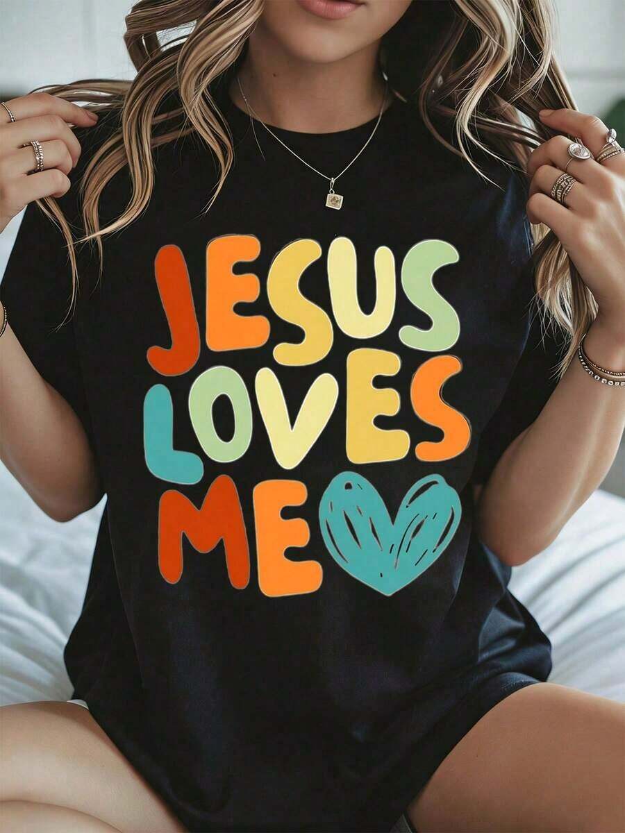Elegante y casual para mujer, manga corta, camiseta con estampado "Jesus Loves Me", mensaje religioso cristiano de Pascua, ropa casual blanca para mujer, primavera verano. - Negro - Ver 1