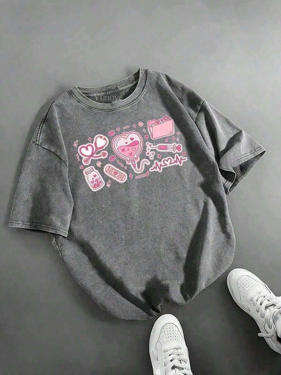 Camiseta de algodón lavado vintage de corte holgado, camiseta con estampado de corazón rosa para enfermeras y estudiantes de medicina, camisa casual de moda de manga corta unisex para verano, cómoda y versátil, regalo ideal. - Gris - Ver 1