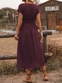 Vestido midi de manga abullonada con escote cruzado, cintura fruncida y espalda retorcida en estilo bohemio occidental casual para primavera/verano de mujer - Burdeos - Ver 2