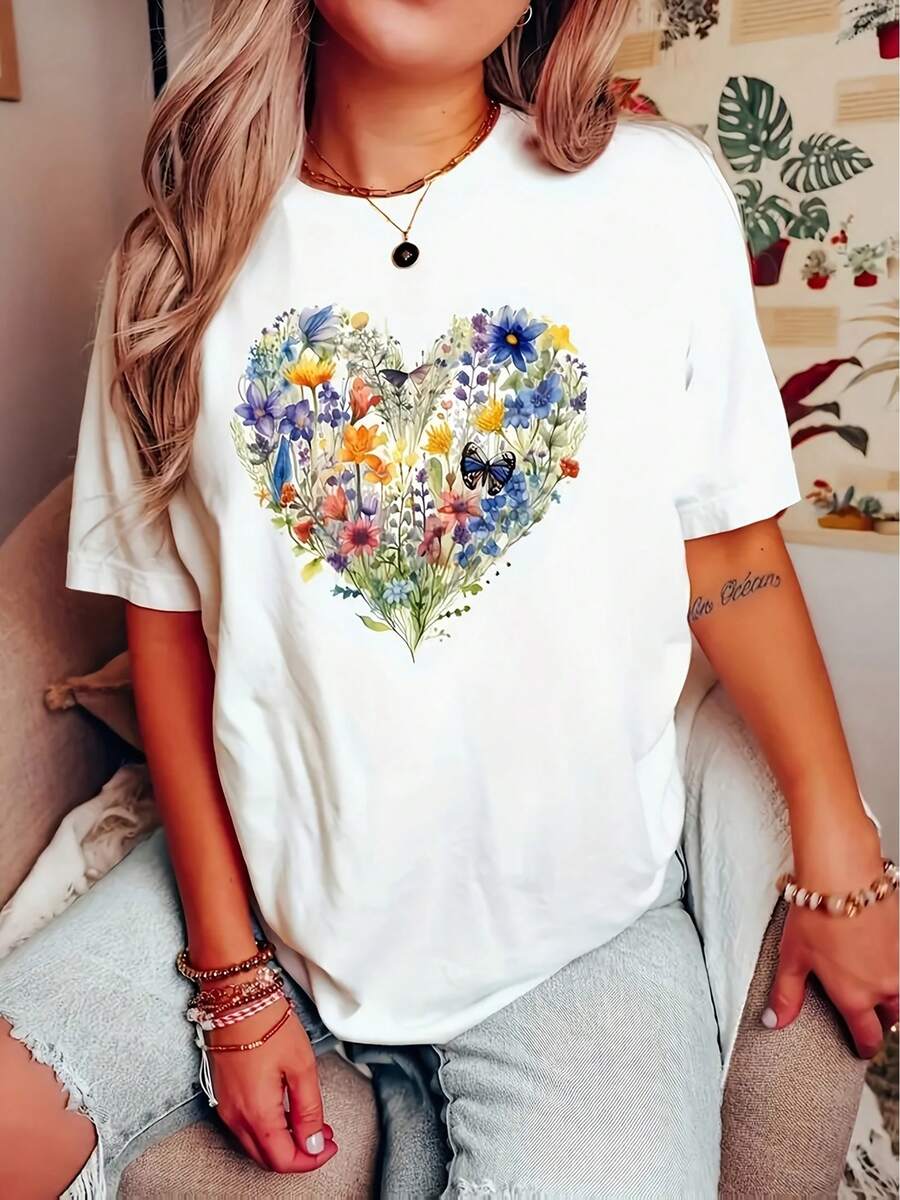 Camiseta de Mujer, Camiseta Deportiva Casual para Mujer, Diseño Floral de Corazón con Mariposa Única, Estilo Relajado, Manga Corta, Tops para Salir para Mujer - Blanco - Ver 1