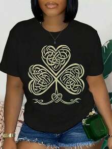 Camiseta de Mujer ModaModa con Estampado de Trébol Celta - Manga Corta, Cuello Redondo, Estilo Casual con Diseño Geométrico Dorado, Tela Transpirable de Elasticidad Media para Verano y Primavera, Lavable a Máquina, Camiseta para Mujer. - Negro - Ver 6
