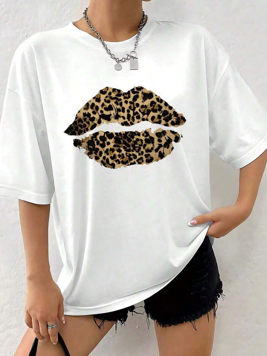 Loose-Fitting, Casual Short-Sleeved T-Shirt With A Lip Print For Women, Perfect For Everyday Wear And Vacations. Ideal For Spring And Summer. Basic Crew Neck Cotton T-Shirt For Women - 白色的 - 查看 1