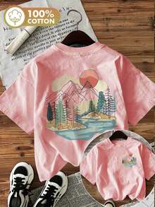 Edición Limitada, Camiseta de Verano Casual para Mujer con Estampado de Doble Cara, Estilo Sencillo, Estampado de Montaña Nevada, Bosque y Río, Cuello Redondo, Manga Corta, Algodón Ligero. - Albaricoque - Ver 10