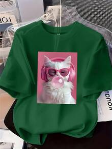 Camiseta de manga corta para mujer, estampada con diseño de gato, cuello redondo, estilo casual para todas las estaciones, ideal para vacaciones de verano. - Negro - Ver 10