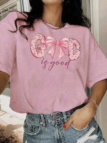 Short-Sleeved T-Shirt With A Round Neck And Sheep Slogan Print, New For Summer, Simple Style. Apricot Color. Versatile Fashion, Suitable For Everyday Wear. Casual Blouse For Women In Pink. - Baby Pink - View 9