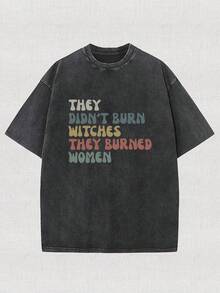 1 pieza de camiseta de algodón lavado con la impresión "La bruja no quemó, la mujer sí". Camiseta de marca de moda vintage de algodón batik de alta calidad, camiseta para mujer, popular para uso diario, regalo de vacaciones, regalo perfecto, 180g 100% algodón. - Negro - Ver 6