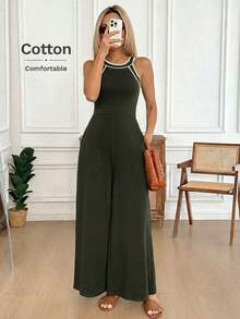 Mono de pierna ancha con contraste en el escote y la cintura, de tela de algodón cómoda, uso casual, relajado y elegante para la oficina/vacaciones para mujeres, primavera/verano - Gris - Ver 2