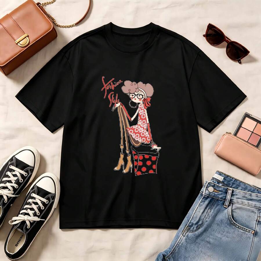 Retro, Vintage, Streetwear, Kawaii, Aesthetic, Summer Vibes, Casual Crewneck, Short Sleeve Top, 100% Cotton, Oversized, Soft Breathable, Fashion Style Graphic Tee, Women's Outfit - 黑色 - 查看 1