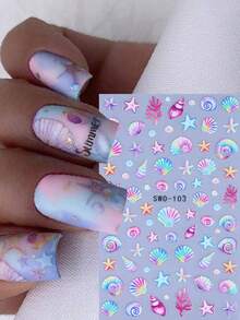 2 Sheets Ocean Colorful Starfish Seashell Nail Stickers Wave Coral Pattern 5D Embossed Nail Decals Summer Beach Tropical Marine Themed 3D Self‑Adhesive Manicure Decor - Multicolor - View 6