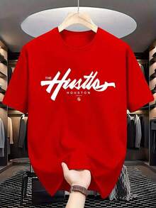 Camiseta ligera de moda masculina con estampado estilo graffiti: estampado con el símbolo "hustle" de Houston, cuello redondo, tela de poliéster cómoda, adecuada para uso diario, ropa urbana a la moda, 100% algodón para hombre, unisex. - Rojo - Ver 1