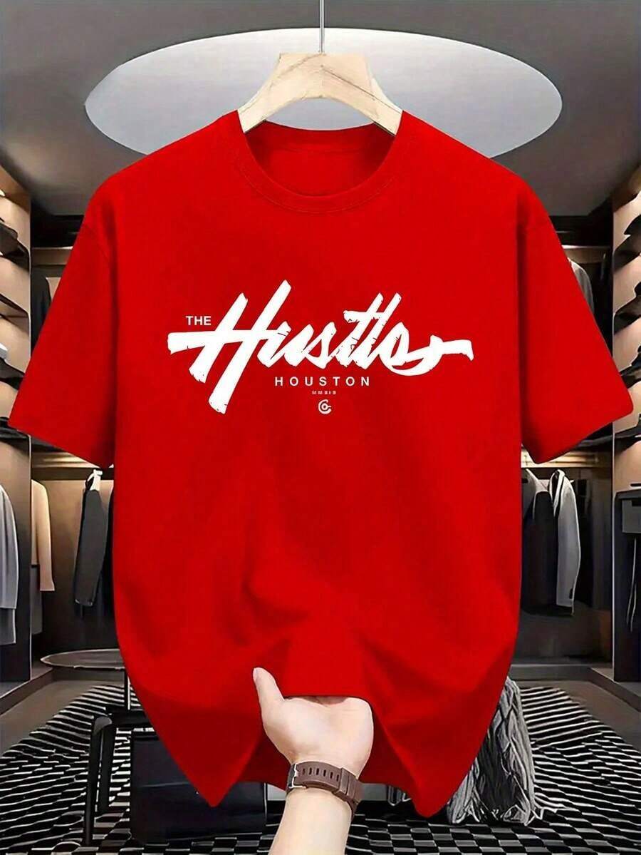 Camiseta ligera de moda masculina con estampado estilo graffiti: estampado con el símbolo "hustle" de Houston, cuello redondo, tela de poliéster cómoda, adecuada para uso diario, ropa urbana a la moda, 100% algodón para hombre, unisex. - Rojo - Ver 1