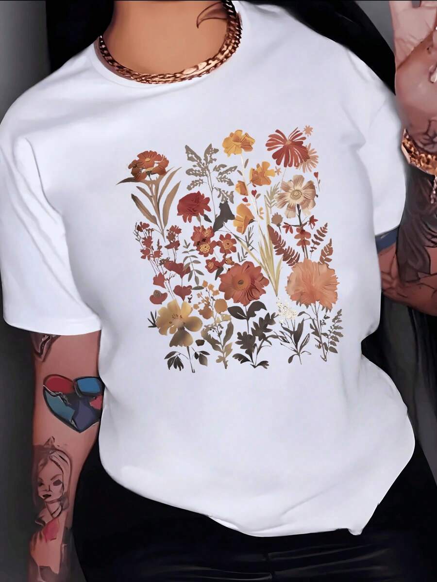 Flores silvestres en tonos cálidos que simbolizan la conexión con la naturaleza y la energía positiva camiseta de mujer casual cómoda de manga corta blanca ideal para uso diario - Blanco - Ver 1