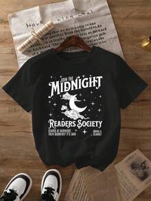 ¡Oferta por tiempo limitado, unidades limitadas,  relámpago! Camisas casuales para mujer, camisetas de poliéster para mujer, camisas elegantes. Camiseta gráfica de la sociedad de lectores de medianoche - Camiseta casual de mujer con cuello redondo y mangas cortas, negra con diseño de luna y estrellas, perfecta para primavera y verano, camiseta literaria |   Camiseta de cuello redondo |   Poliéster - Negro - Ver 9