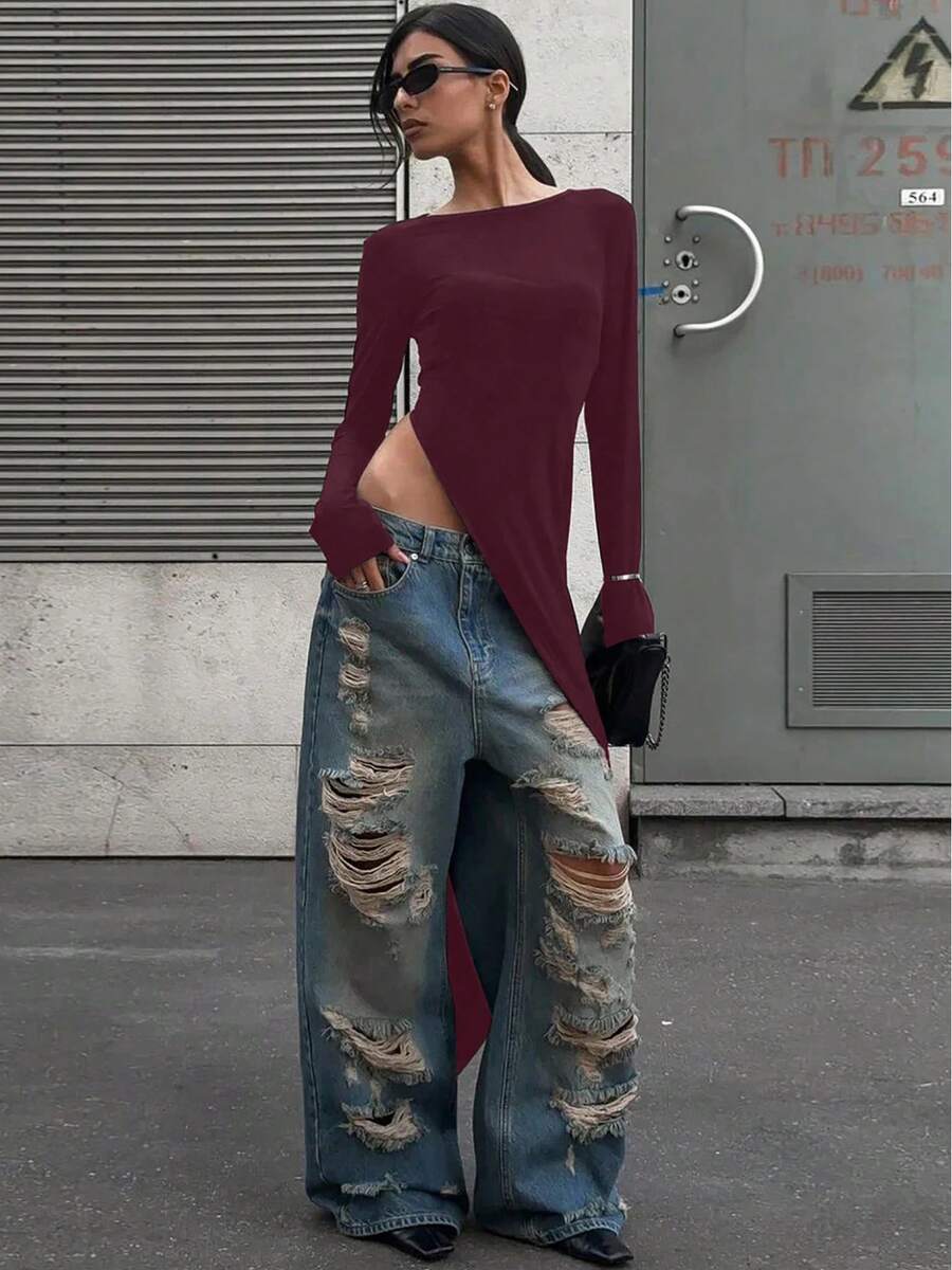 Dulzura-Vestido largo de manga larga con abertura lateral para mujer, vestido largo liso y Sexy, ropa de calle para fiesta y Club, traje de otoño e invierno - Burdeos - Ver 1
