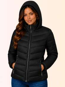 Women's Slim Fit Puffer Jacket With Removable Hood, Waterproof Winter Coat - 黑色 - 查看 10