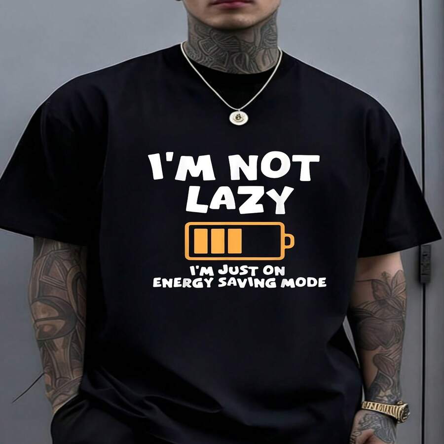 Camisetas con temática del Día de la Independencia y del Día del Padre, con divertidos dise?os que dicen "No soy perezoso, solo estoy agotado". Estas camisetas, suaves al tacto, cálidas y que no desti?en, son perfectas para citas y para usar a diario con tu pareja. - Negro - Ver 1
