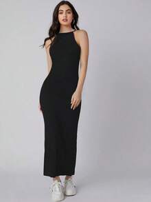 Vestido largo de mujer de unicolor con cuello halter sin mangas, cintura ceñida, ajuste delgado, color negro, adecuado para el transporte urbano, negocios, casual, elegante, ocasiones formales, estilo retro de los 90, diario, viaje, atuendo minima - Negro - Ver 5